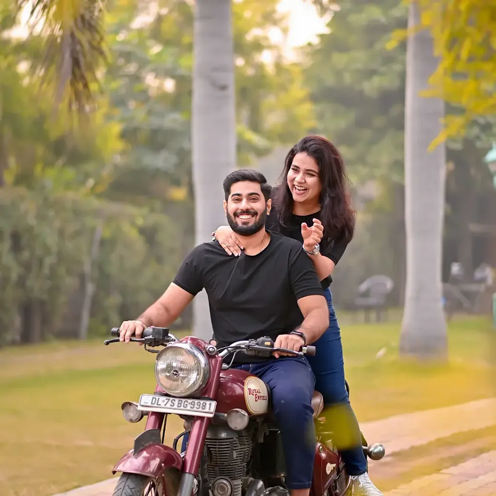 Couple on Royal Enfield motorcycle